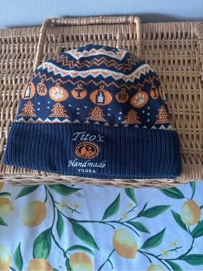 Tito's Christmas Navy and Orange Knit Beanie with Festive Pattern